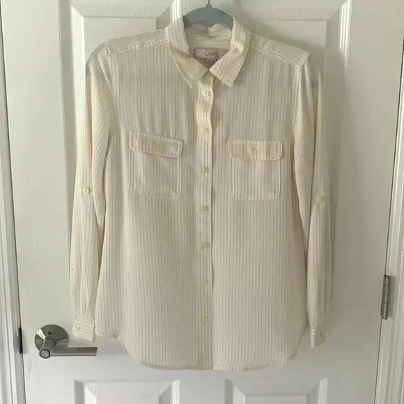 Loft Button Down Blouse- cream with silver metallic pinstripes size Small Petite - Picture 1 of 6